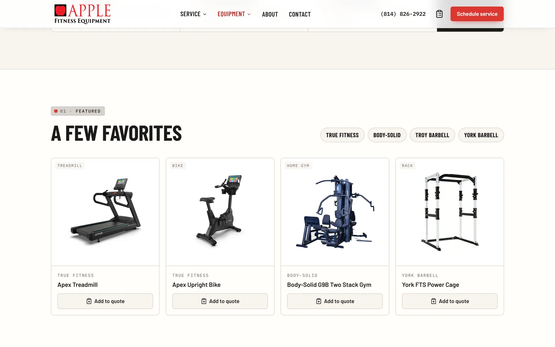 Equipment catalog grid with a treadmill, upright bike, two-stack gym and power cage, each with Add to quote
