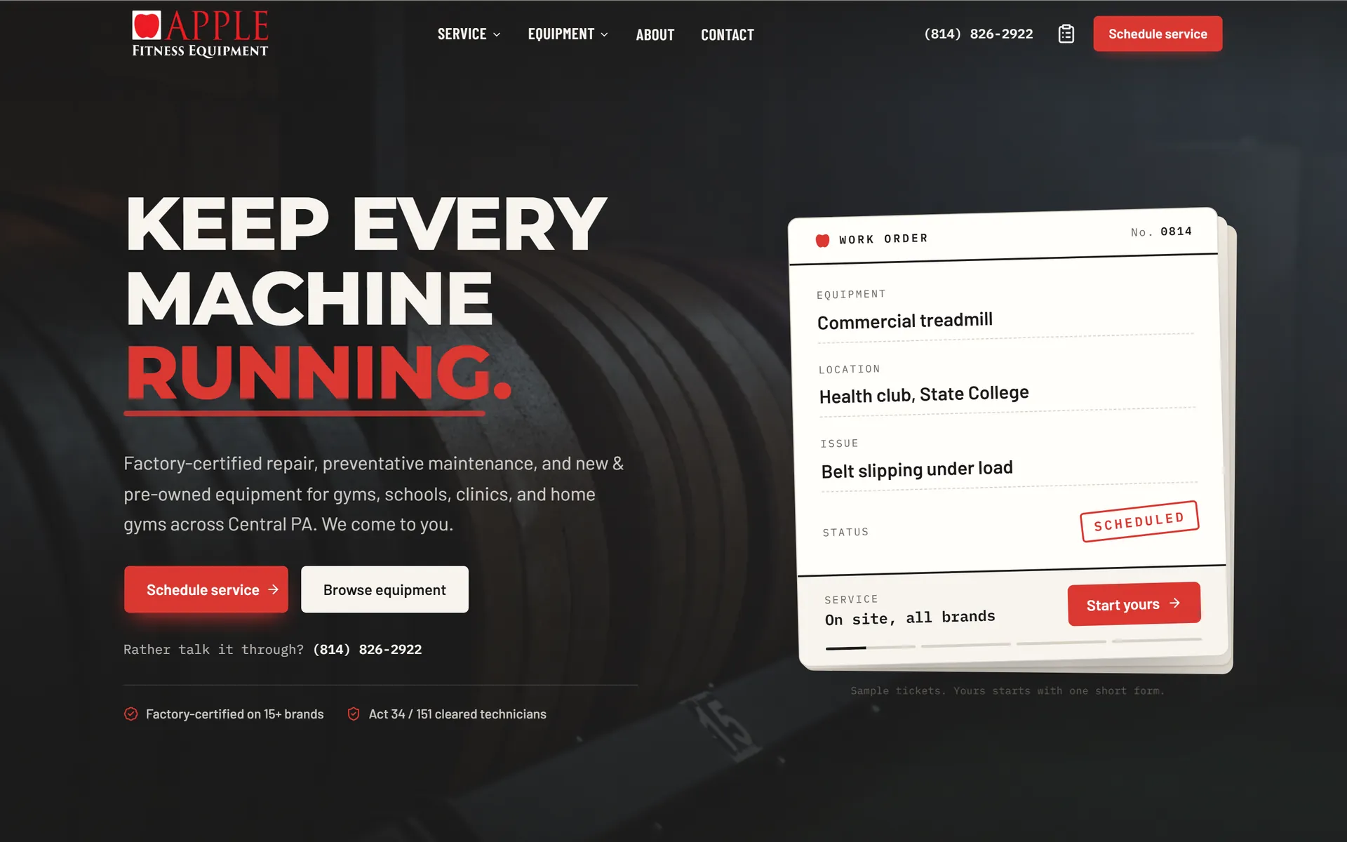 Apple Fitness Equipment home page: 'Keep every machine running' beside a sample work order card