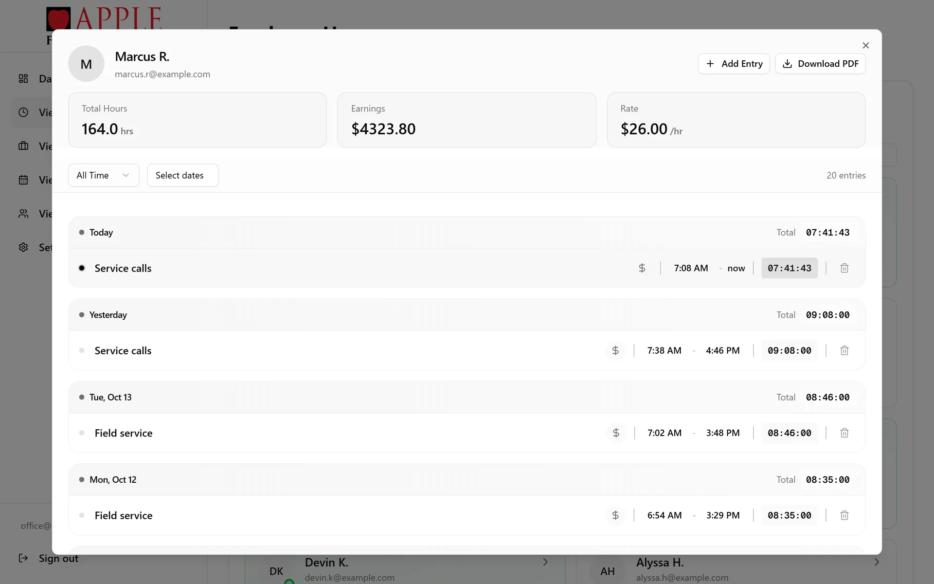 An employee's timesheet with total hours, earnings, hourly rate and entries grouped by day