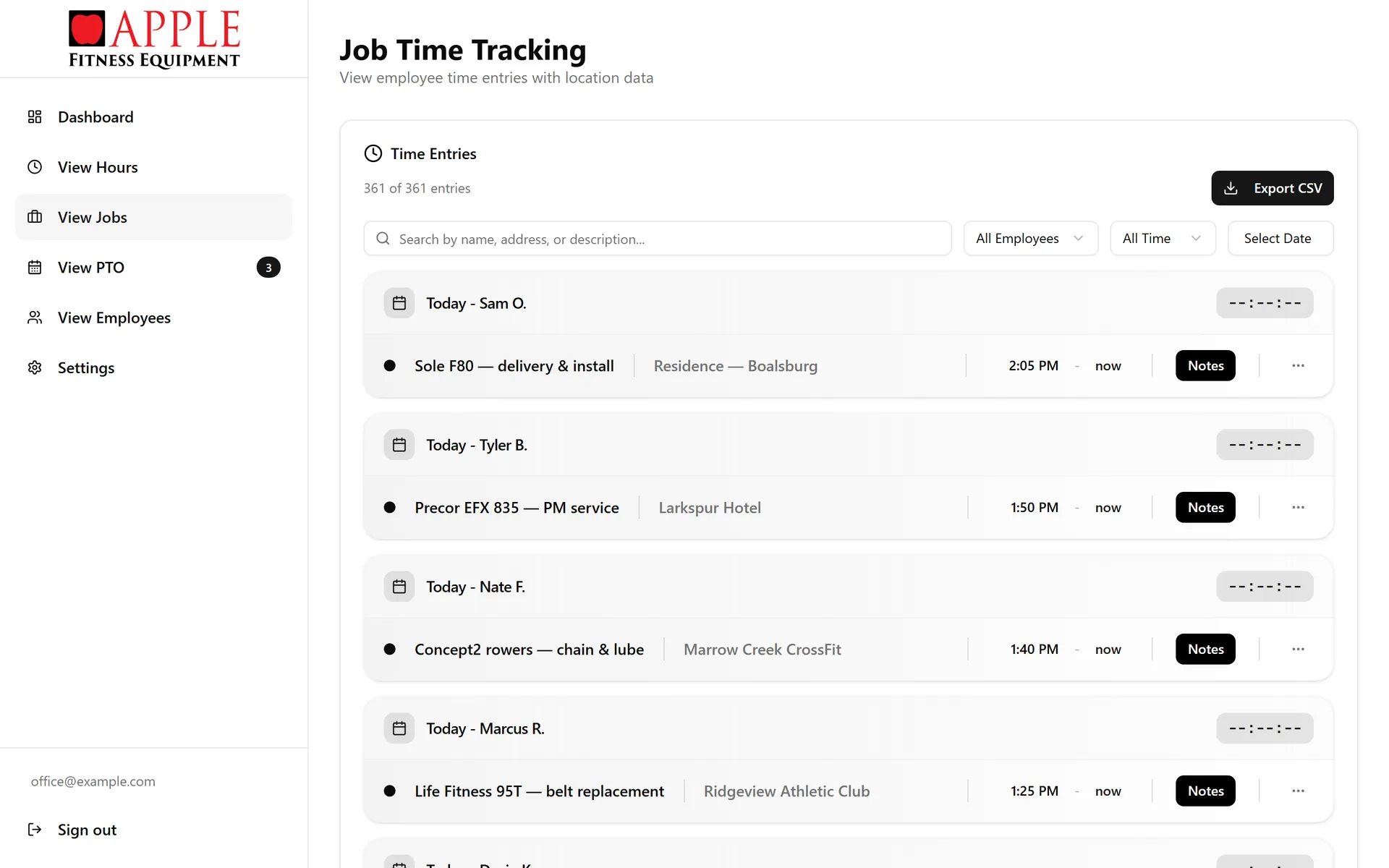 Job time tracking list with jobs at customer sites, filters and an Export CSV button