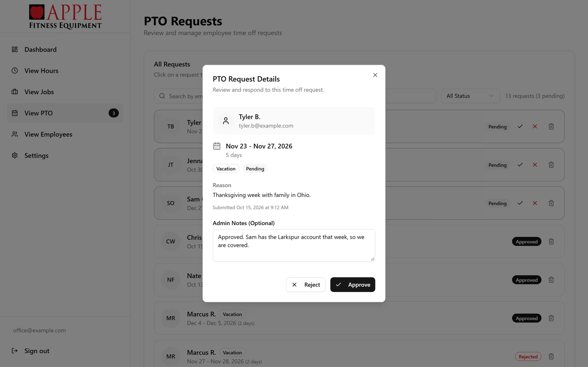 PTO request details for a five-day vacation with an admin note and Approve and Reject buttons