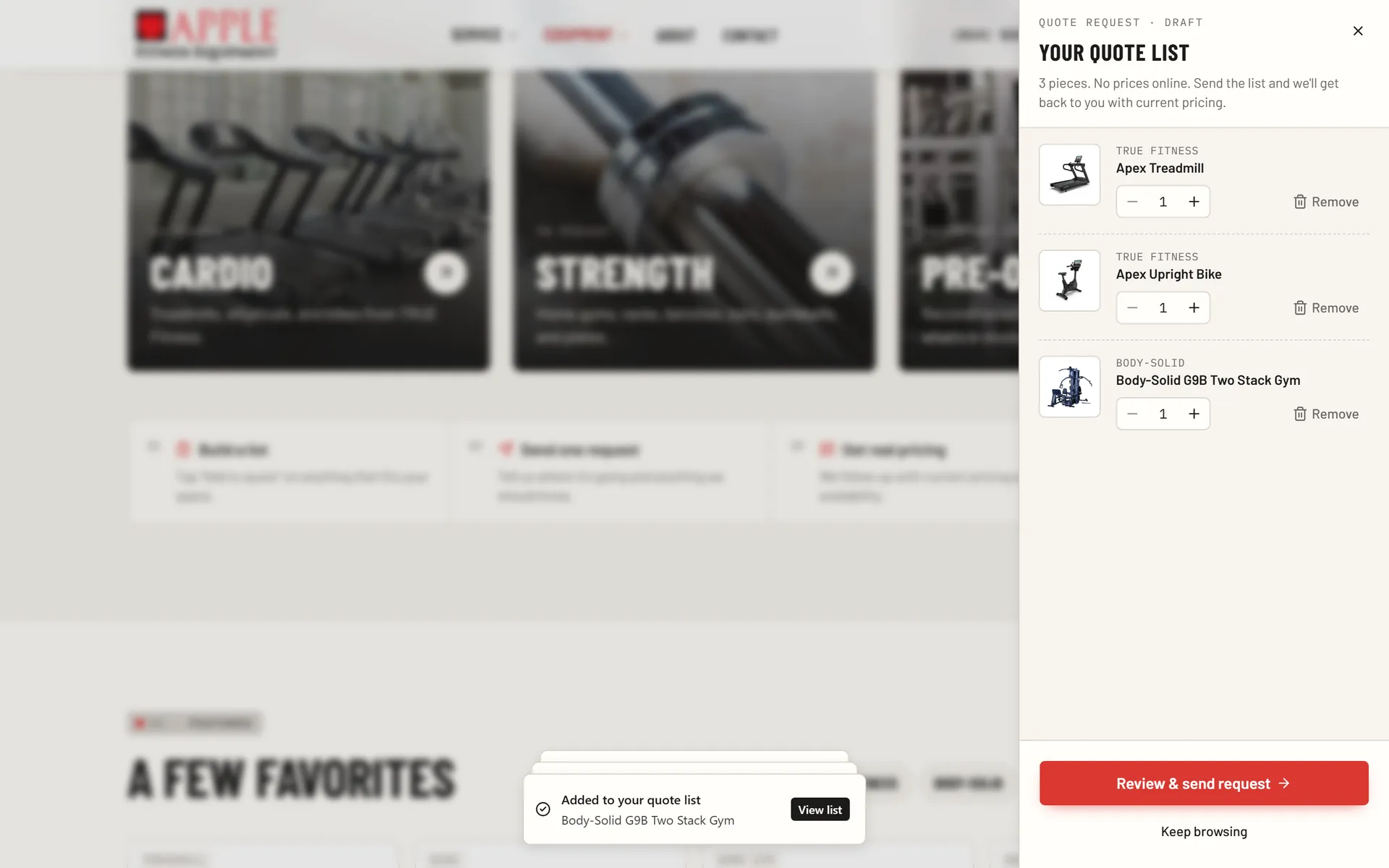 Quote list drawer open with three pieces of equipment and a Review & send request button