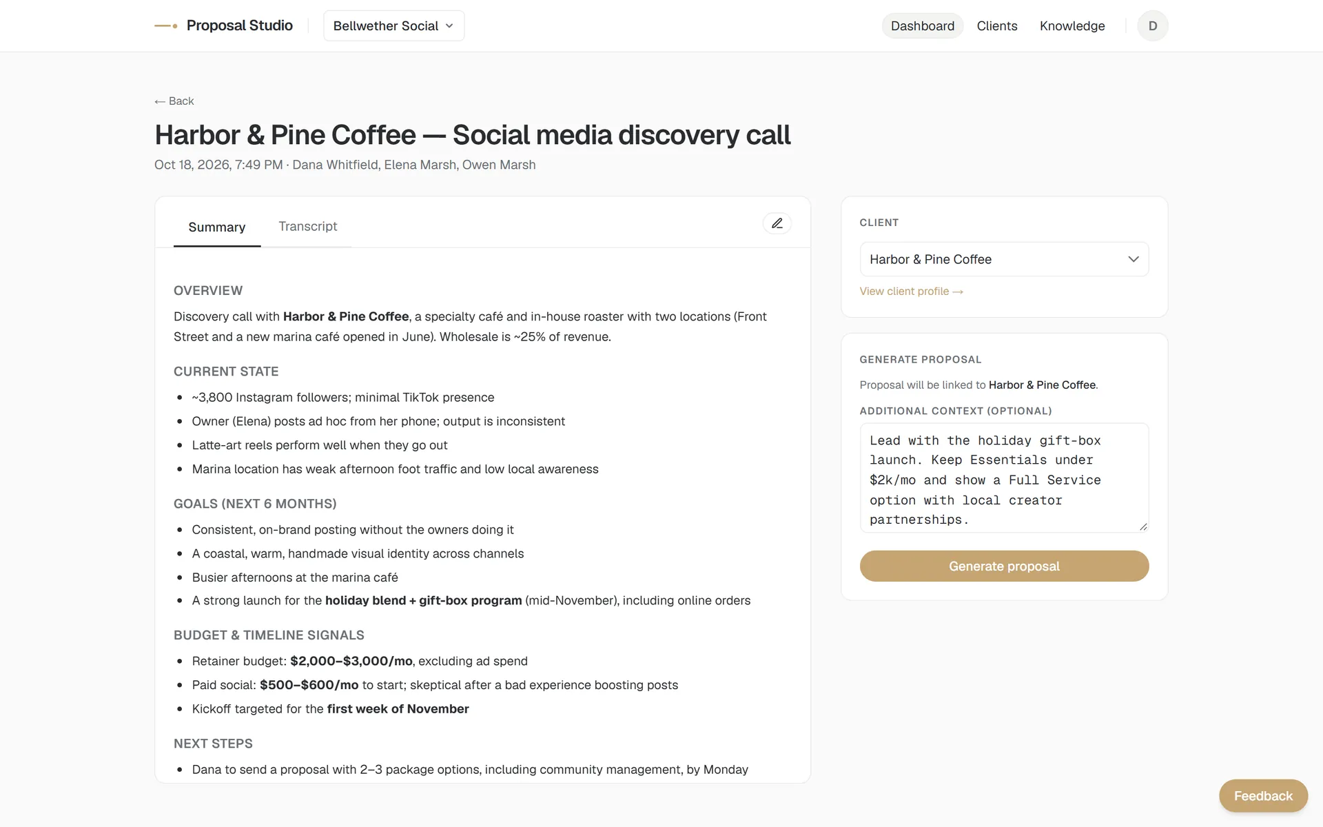 A discovery call page with the meeting summary, goals and budget signals beside a Generate proposal panel
