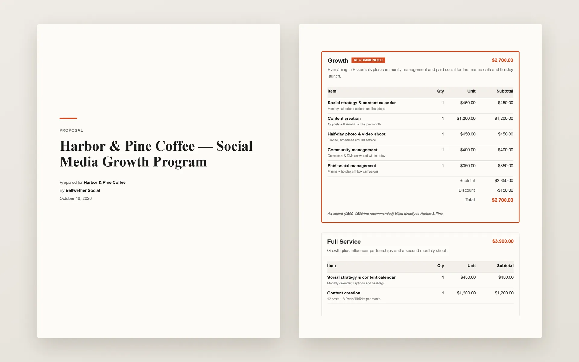 Exported proposal PDF: a cover page for Harbor & Pine Coffee beside the pricing page with the recommended package