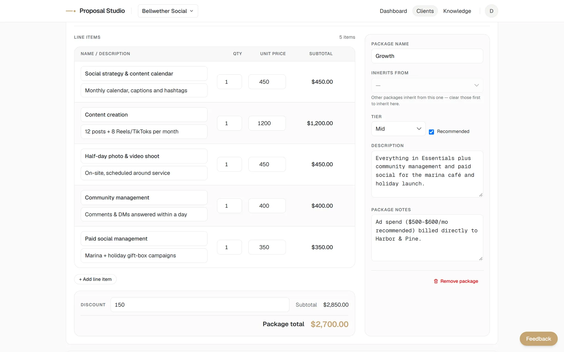 Pricing editor for the recommended Growth package with five line items and a $2,700 total