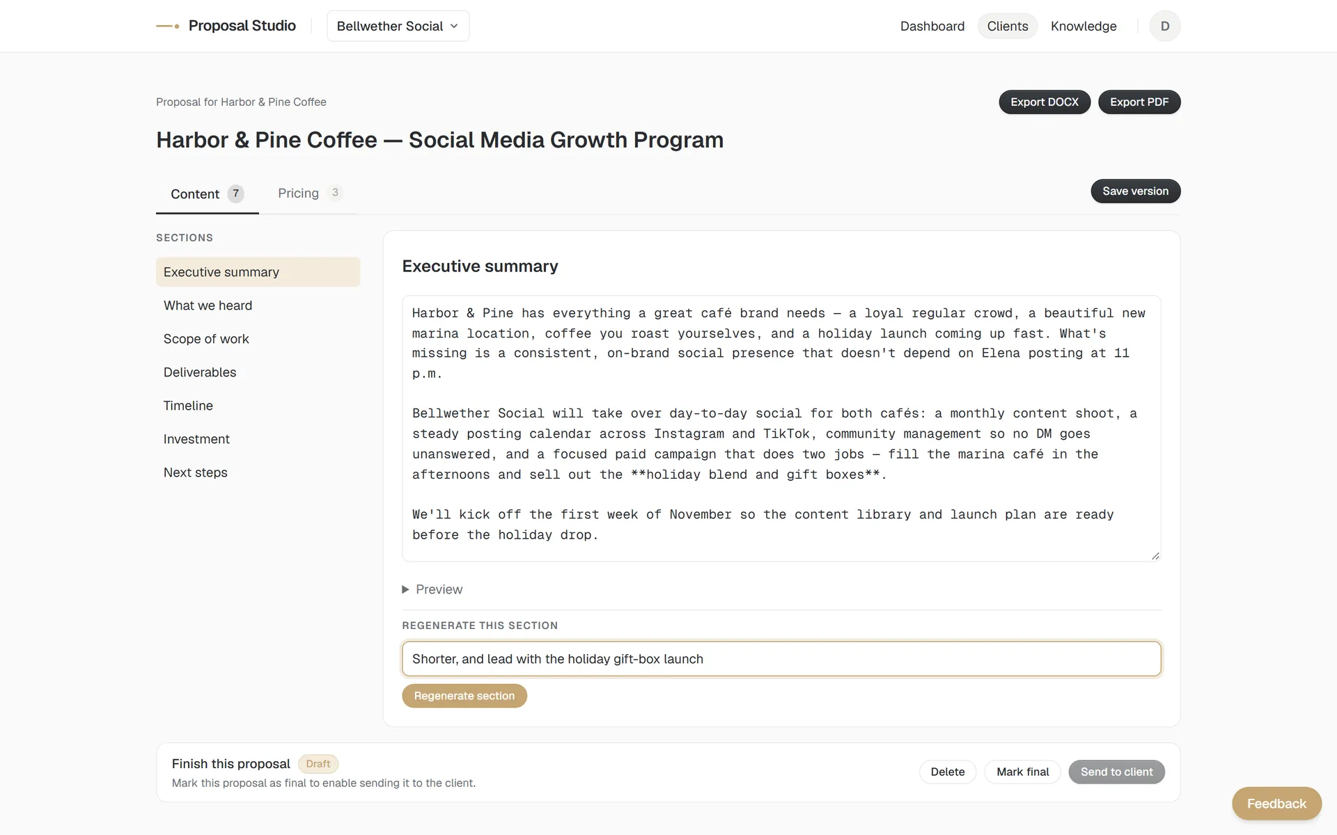 Proposal editor with sections listed on the left and a regenerate box reading 'Shorter, and lead with the holiday gift-box launch'