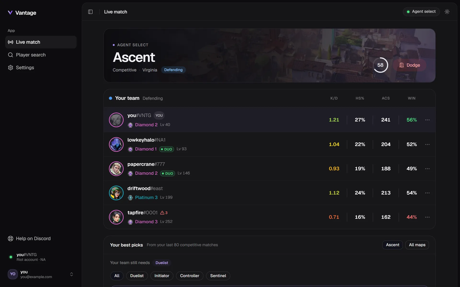 Vantage agent select on Ascent with a countdown, the player's team stats and best-pick suggestions